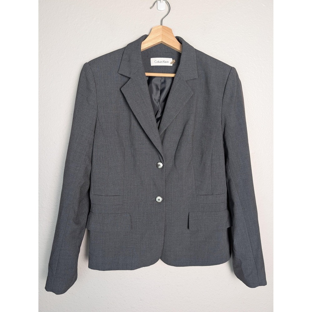 Calvin Klein Blazer Womens 10 Gray Woven Lined Notch Lapel Two Button Jacket